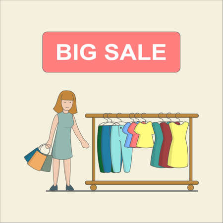 Big sale concept. Woman does shopping in the shop. Clothes checkout.のイラスト素材