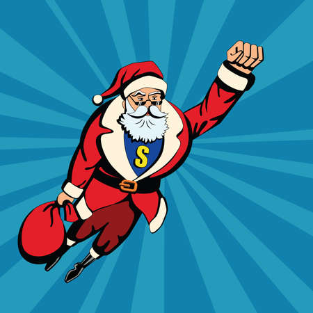 Pop art santa. Santa Claus as superhero flying with red bag of gifts. Yellow S letter.のイラスト素材