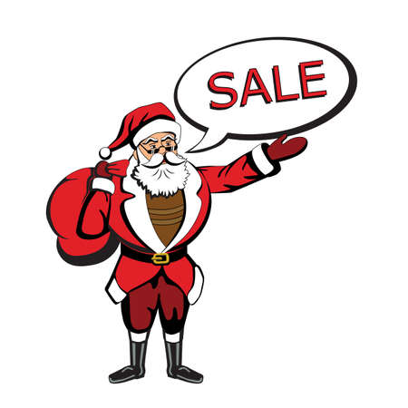 Santa with sale. Isolated Santa Claus in red costume with red bag of gifts saying Sale on white background.のイラスト素材