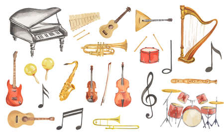 Watercolor musical instruments set. All kinds of instruments like piano, saxophone, trumpet, drums and others.のイラスト素材