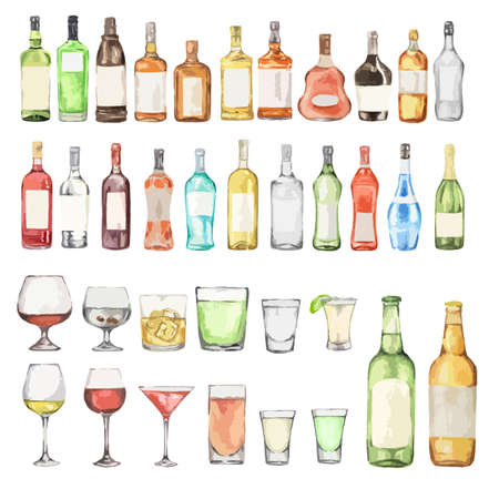Watercolor alcohol set. Many bottles and glasses on white background. Wine, liquor, champagne and beer.のイラスト素材
