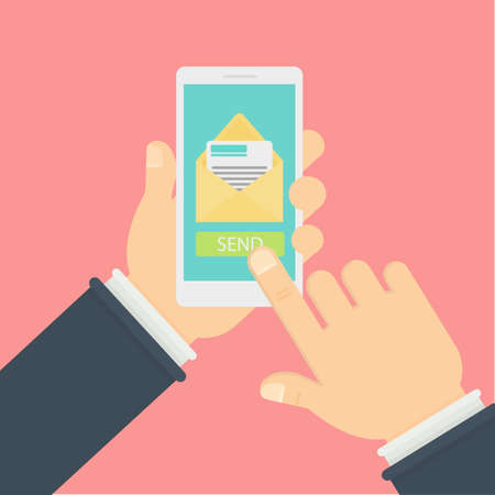 New message avatar. Hand holding mobile phone with envelope avatar on the screen. Concept of new message. Open letter.のイラスト素材