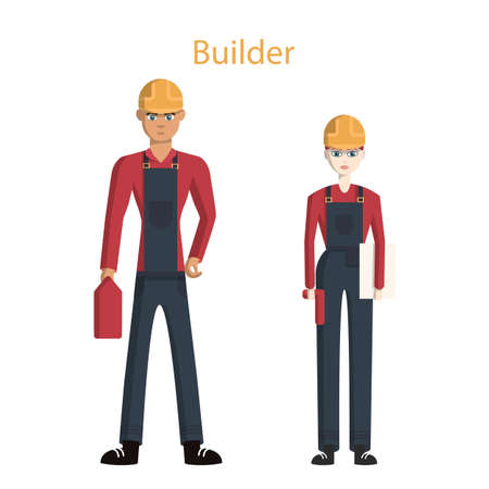 Isolated professional builders. Male and female workers standing on white background in uniform.のイラスト素材