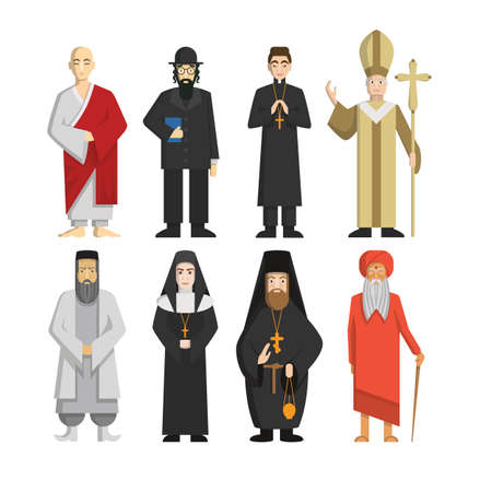 Religion representatives set. Pope and priest, rabbi and monk and others. Religious culture.のイラスト素材