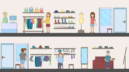 Shopping mall interior. Indoor interior. Fashion boutique. Mirrors and shelves and customer.のイラスト素材