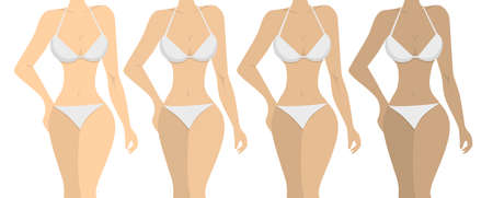 Stages of tanning. ISolated women on white background. Girls with different skin tones.のイラスト素材