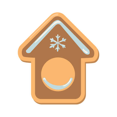 Christmas cookies girl. Isolated ginger cookie with decoration on white background. Sweet and delicious holiday gift. Angel girl with green bell. House.のイラスト素材