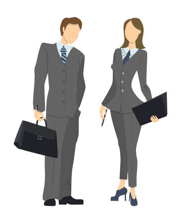 Isolated professional businessmen on white background. Male and female businessmen in suits with case and phone.のイラスト素材