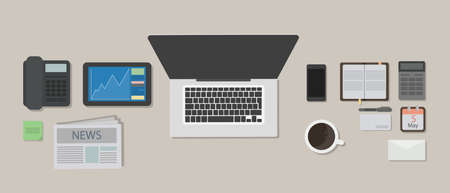 Business desk mockup. Desk with laptop and calculator, tablet andcoffee and other items.のイラスト素材