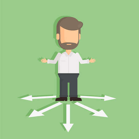 Man with choice arrows. Confused man standing on the crossroad. Choosing directions.のイラスト素材