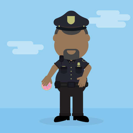 African american police officer with pink donut standing. Concept of police, security and force.のイラスト素材