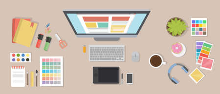 Web designer desk mockup. Desk with computer screen, tablet and drawing tools.のイラスト素材