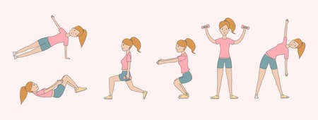 Workout girl set. Woman doing fitness and yoga exercises. Lunges and squats, plank and abc.のイラスト素材