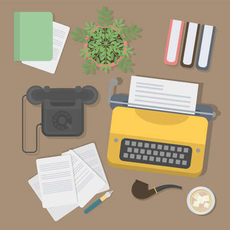 Writer desk mockup. Vintage desk with typewriter, notes and telephone. Workplace of writer or journalist.のイラスト素材
