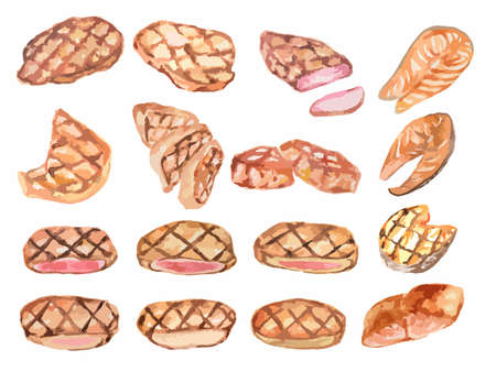 Watercolor steak set. Juicy and delicious griller meat. Meals for restaurant.のイラスト素材