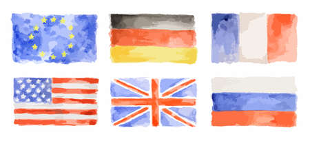 Watercolor flags set on white background. EC and UK, France and USA, Russia and Germany.