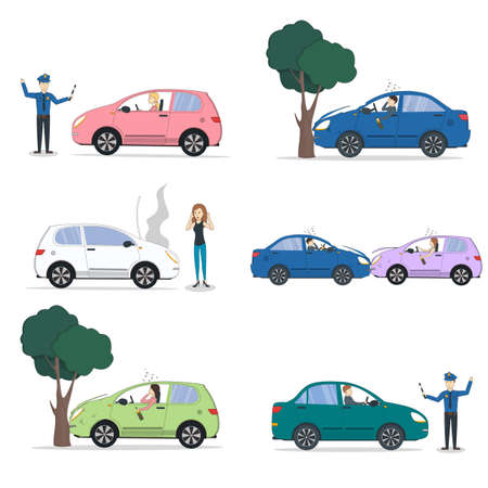 Car crash set. Different situations on the road. Traffic collisions. Tow truck. Head-on collision. Car accidents.のイラスト素材