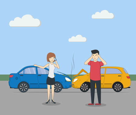 Head on collision. Car accident. Man and woman feeling shocked.のイラスト素材