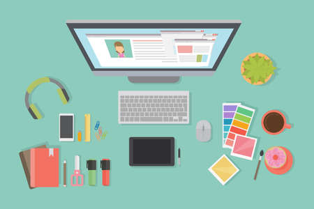Designer desk mockup. Desk with computer screen, tablet and drawing tools.のイラスト素材
