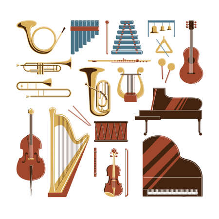 Musical instruments set. Violin and piano, drum and harp and others.のイラスト素材