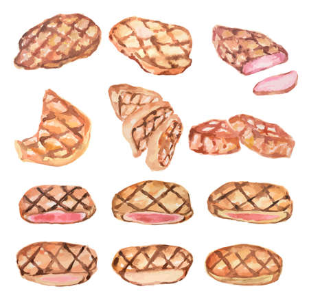 Watercolor steak set. Juicy and delicious griller meat. Meals for restaurant.のイラスト素材