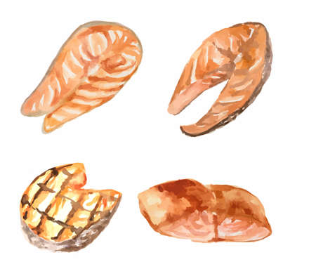 Watercolor steak set. Juicy and delicious griller meat and fish. Meals for restaurant.のイラスト素材
