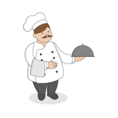 Chef with meal standing on white background. Restaurant worker.のイラスト素材