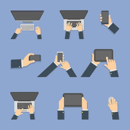 Hands with gadgets set. Isolated hands holding tablet, smartphone and laptop.のイラスト素材