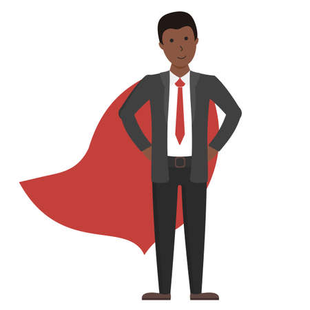 Businessman in red cape standing on white background. Handsome african american superhero. Concept of leadership, success and power.のイラスト素材