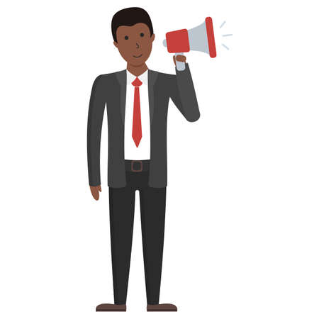 Businessman with loudspeaker standing on white background. Handsome african american speaker making announcement, promotion, advertising or more.のイラスト素材