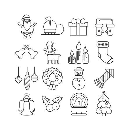 Christmas icons set. Isolated symbols and signs on white background. Sock, candles, tree, sled and others.のイラスト素材