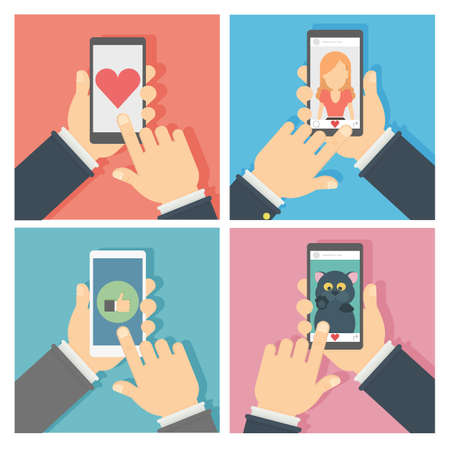 Social networking set. Hands holding tablet with like button and liking photos.のイラスト素材