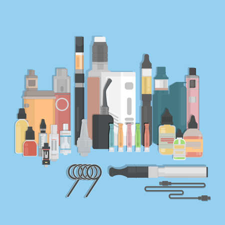 Vaping cigarette set. Vaping devices and liquids. Alternative smoking. New trend.のイラスト素材