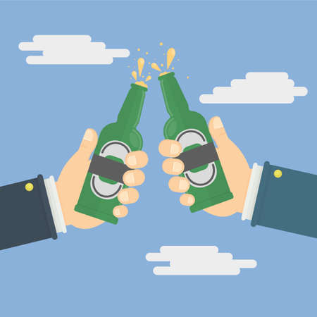 hands holding the beer bottles. vector illustration in flat styleのイラスト素材