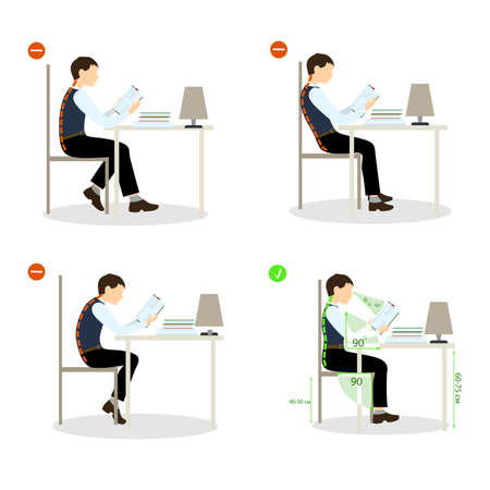 boy Sitting posture set. Right and wrong positions. Healthy lifestyle.のイラスト素材