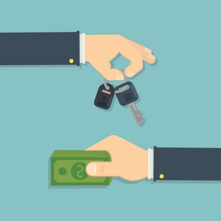 Buying car concept. Two hands with money and car key. Idea of car service, business and transportation.のイラスト素材