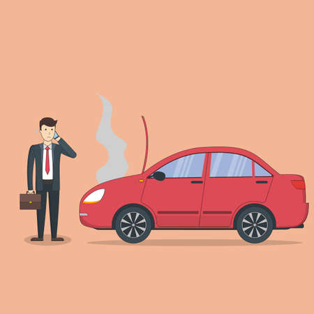 Businessman with broken car. Car accident. Transport with motor defect.のイラスト素材