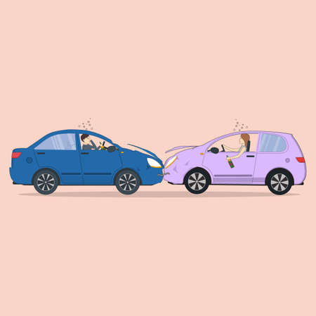 Drunk head-on collision. Drunk drivers with alcohol bottles. Car crash, accident. Man and woman.のイラスト素材