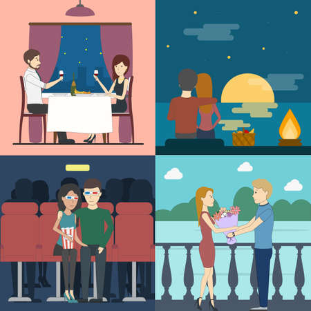 Romantic dating set. Sunset and restaurant, cinema and park. Couple in relationship.のイラスト素材