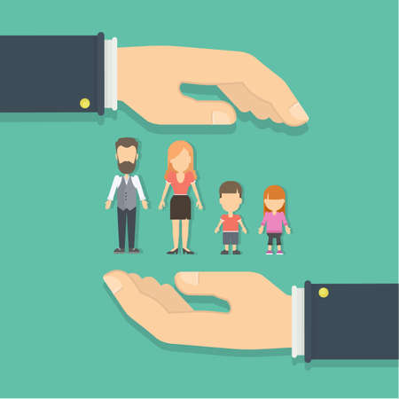 Family protection concept. Hands palms protecting family. Health insurance abd security.のイラスト素材