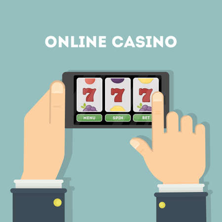 Online casino in the tablet. Hands holding device with gambling game.のイラスト素材