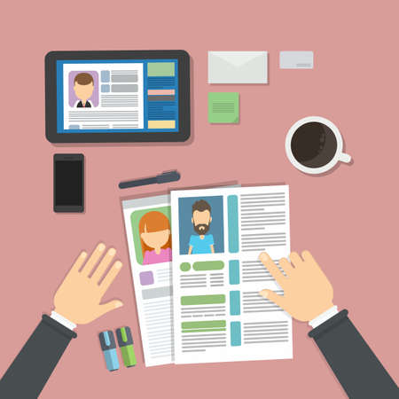 Supervising and accepting the resume. Director considering cv, finding new staff. Office desktop topview. Internet research.のイラスト素材