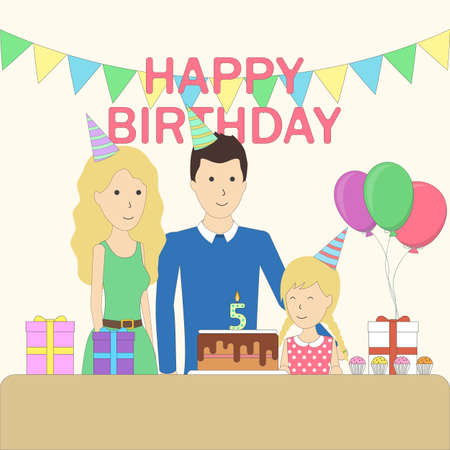 Isolated birthday family in the room with decoration. Happy parents giving a birthday cake to the girl. Balloons with present and holiday hats.のイラスト素材