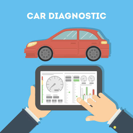 Car diagnostic with tablet. Hands holding tablet and testing car. Analyzing and monitoring the car.のイラスト素材