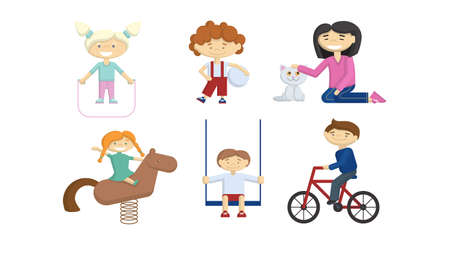 Children on playground. Isolated kids on white background. Smiling colorful cartoon characters.のイラスト素材