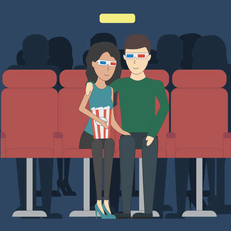 Romantic dating in cinema. Young happy couple in 3d glasses watching film with popcorn.のイラスト素材