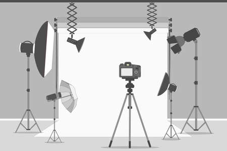 Simple photo studio. White background with lights and cameras.のイラスト素材
