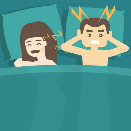 Snoring woman in bed with angry awaken man. Sleeping problems. Unhealthy lifestyle.