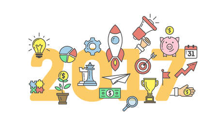 2017 New Year banner with minimalistic elements. Light bulb, piggy bank, money and more. Business illustration. Corporate design.のイラスト素材