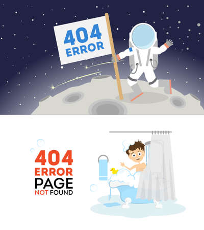 404 error page not found. Set of two pictures with cosmonaut and man in bath. Internet connection problem.のイラスト素材